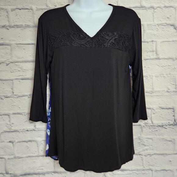 Loveappella Top Womens Size Medium Black Lace Front Colorful Floral Back - Picture 1 of 10